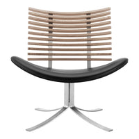 Black leather chair with a stylish wooden slat backrest and a sleek chrome base, creating a modern aesthetic.