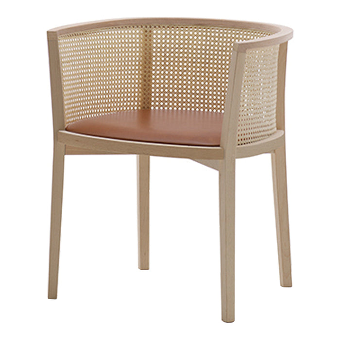 Natural wood chair with a woven cane back and a smooth tan leather seat. Modern design with minimalist patterns.
