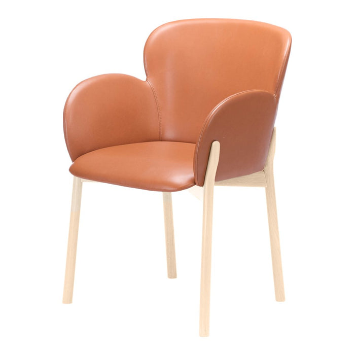 Brown faux leather chair with a smooth, rounded design and natural wood legs. Ideal for modern decor.