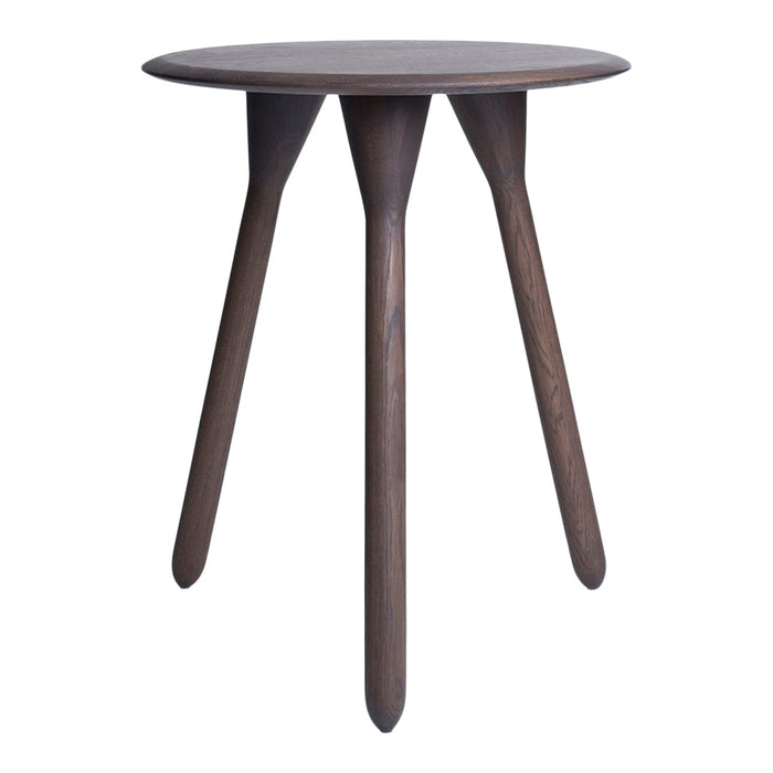 Round wooden side table with dark brown finish and sleek, minimalist design. Perfect for modern decor.