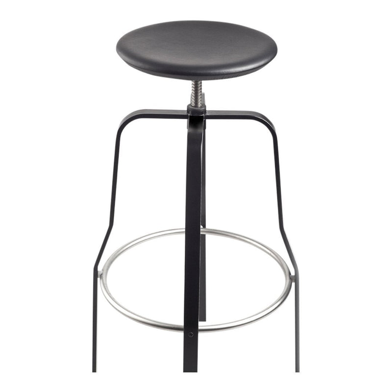 Black padded bar stool with a sleek metal frame and circular footrest, perfect for modern decor.