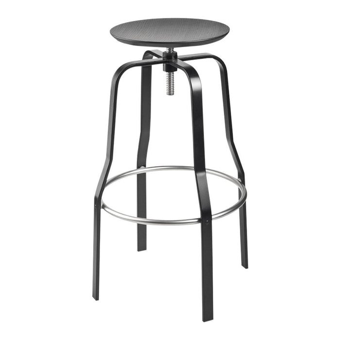 Black metal bar stool with a simple round seat and sleek, minimalist design. Perfect for modern decor.