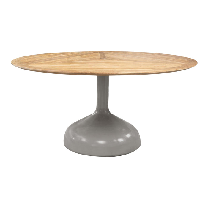 Round dining table with a natural wood top and sleek gray pedestal base, combining warm tones with a modern design.