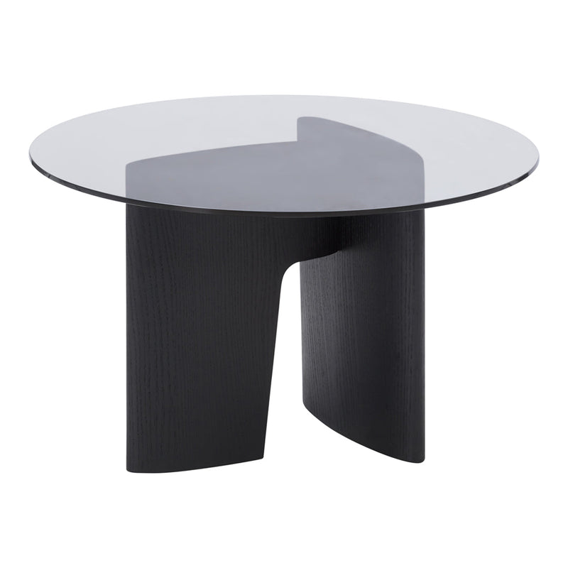Modern round glass coffee table with a sleek black base, featuring smooth, minimalist contours and geometric shapes.