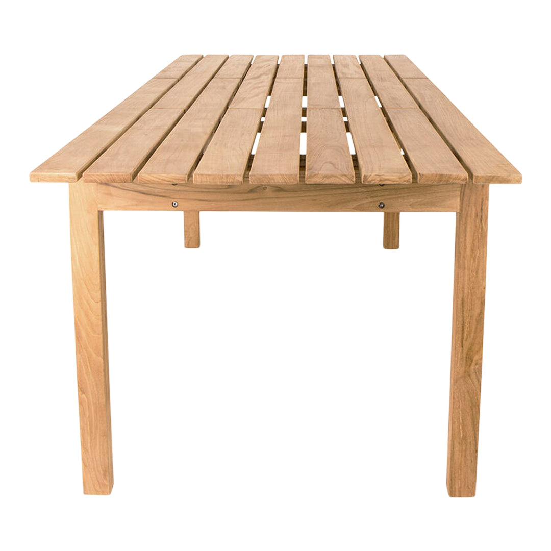 Light beige wooden table with slatted top and natural finish, perfect for outdoor dining.