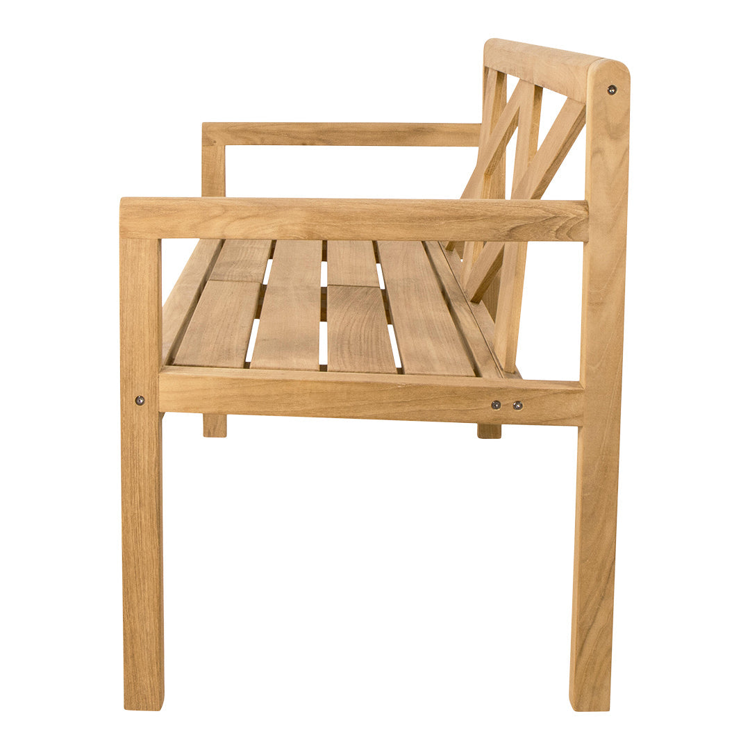 Natural wood-colored bench with a slatted seat and diagonal back pattern, showcasing warm, earthy tones.