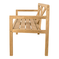 Natural wood-colored bench with a slatted seat and diagonal back pattern, showcasing warm, earthy tones.