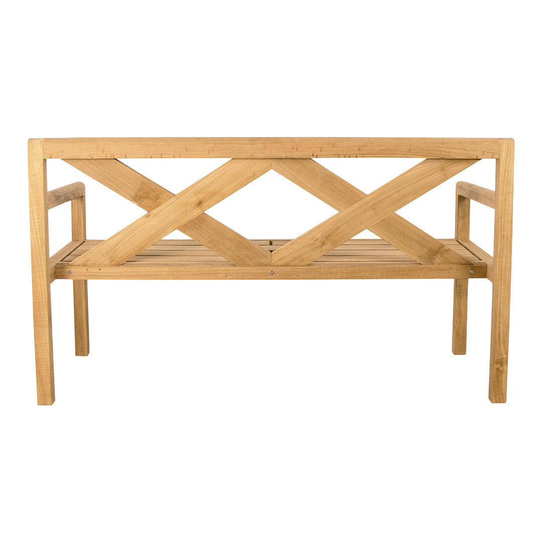 Natural wooden bench with a light beige finish and diagonal slatted pattern on the backrest.