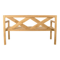 Natural wooden bench with a light beige finish and diagonal slatted pattern on the backrest.