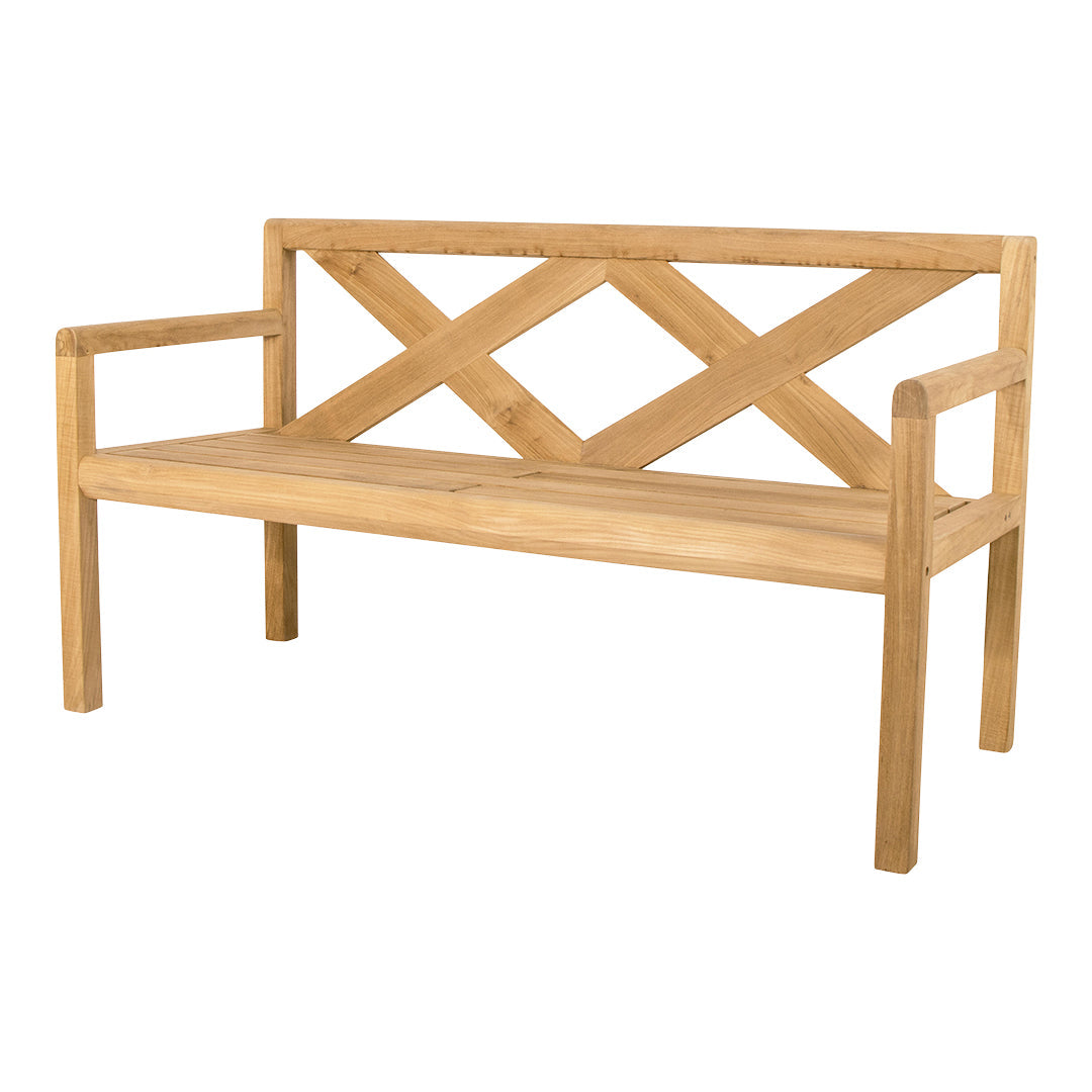 Natural wood bench featuring a light oak finish with crisscross back pattern for a rustic charm.
