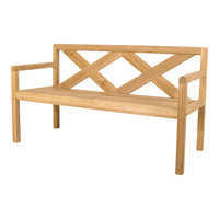 Natural wood bench featuring a light oak finish with crisscross back pattern for a rustic charm.