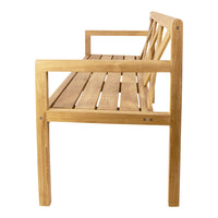 Natural wood bench in warm brown tones with a slatted pattern and clean lines, ideal for outdoor spaces.