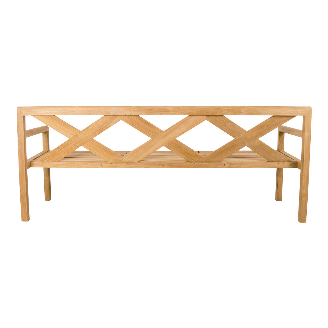 Natural wood bench with a light brown finish featuring a crisscross pattern on the backrest.
