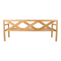 Natural wood bench with a light brown finish featuring a crisscross pattern on the backrest.