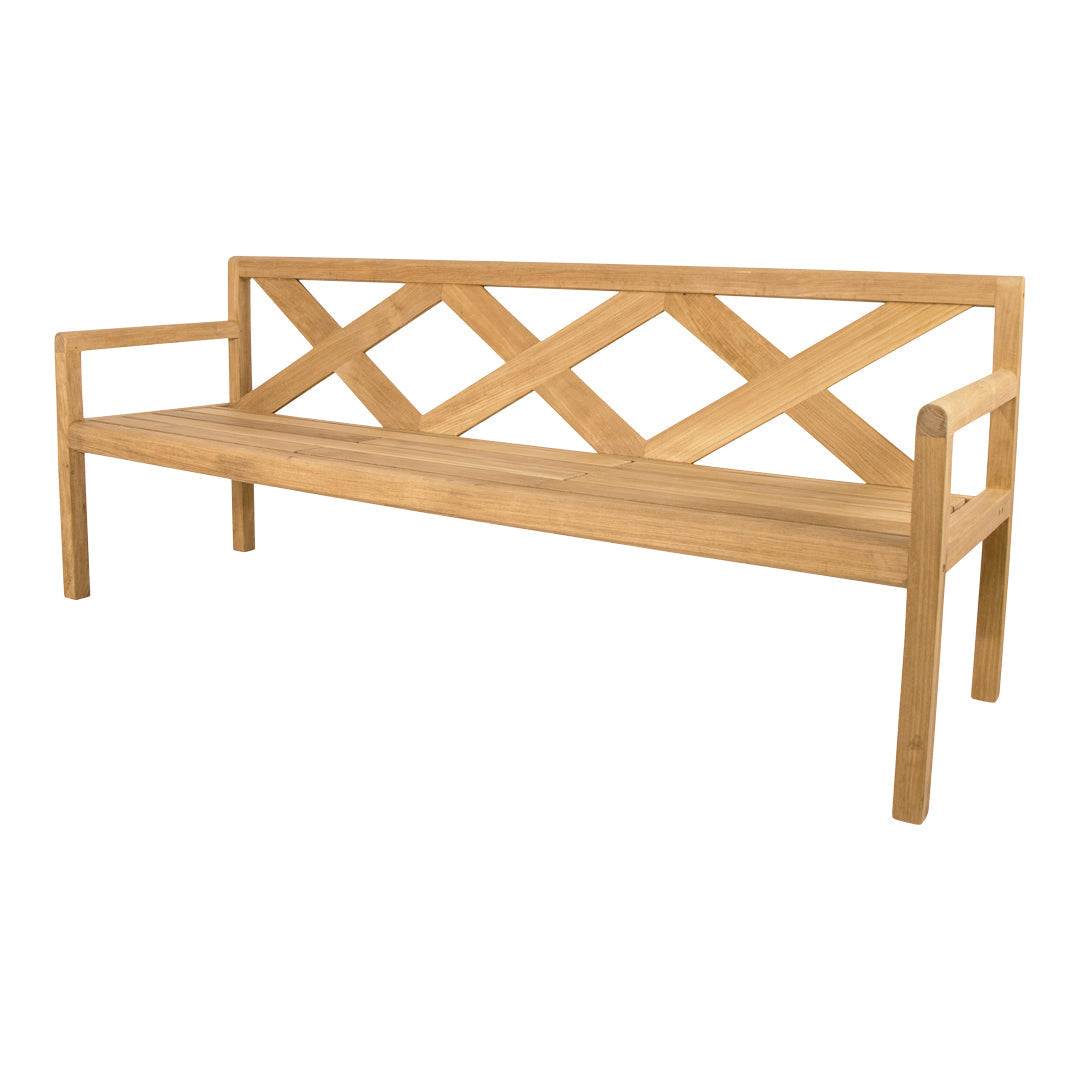 Natural wood bench in warm beige tones with a geometric crisscross pattern on the backrest. Perfect for outdoor settings.
