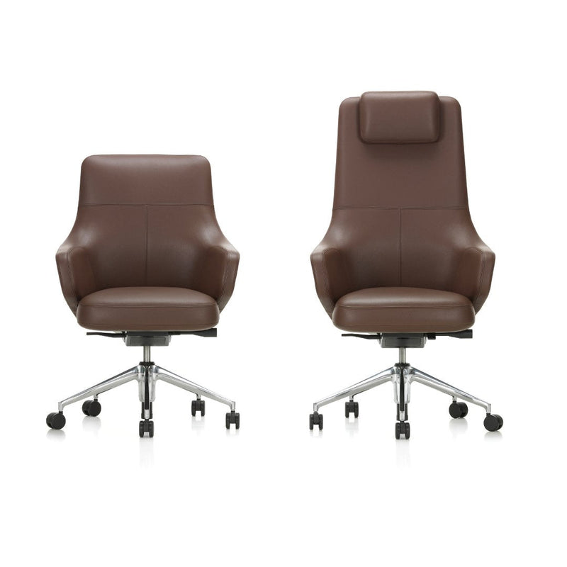 Brown leather office chairs with smooth, sleek lines and chrome accents, showcasing a modern, minimalistic design.