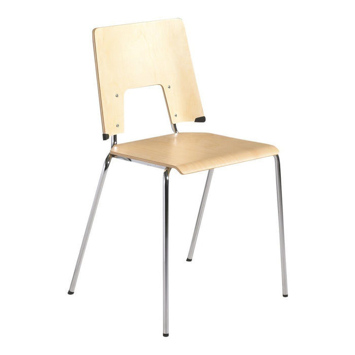 Light natural wood chair with a simple design, featuring a smooth surface and chrome legs for sleek modern style.