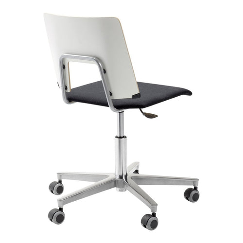 Modern swivel chair featuring a sleek white backrest and black cushioned seat with a minimalist design and silver base.