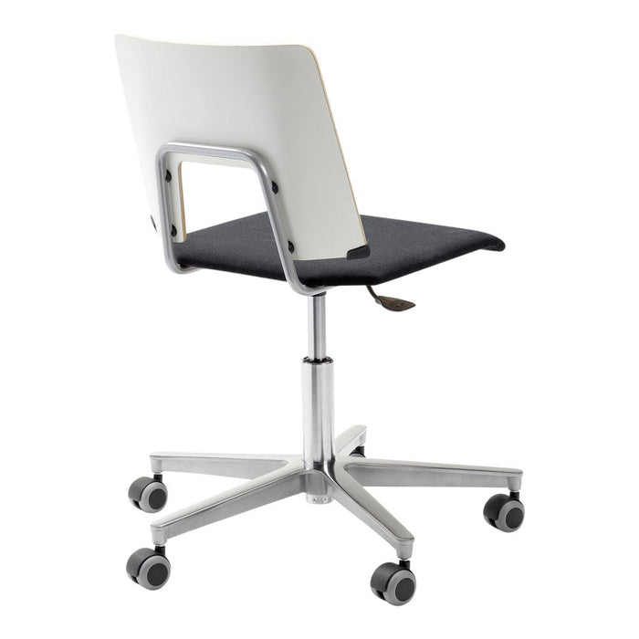 Modern swivel chair featuring a sleek white backrest and black cushioned seat with a minimalist design and silver base.