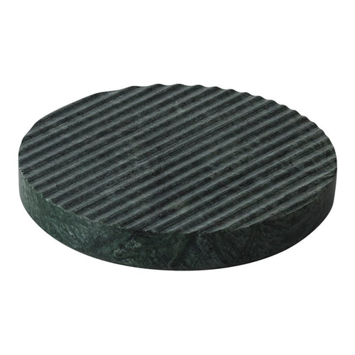 Round dark green stone with smooth edges and textured ribbed surface pattern. Perfect for modern decor or functional use.