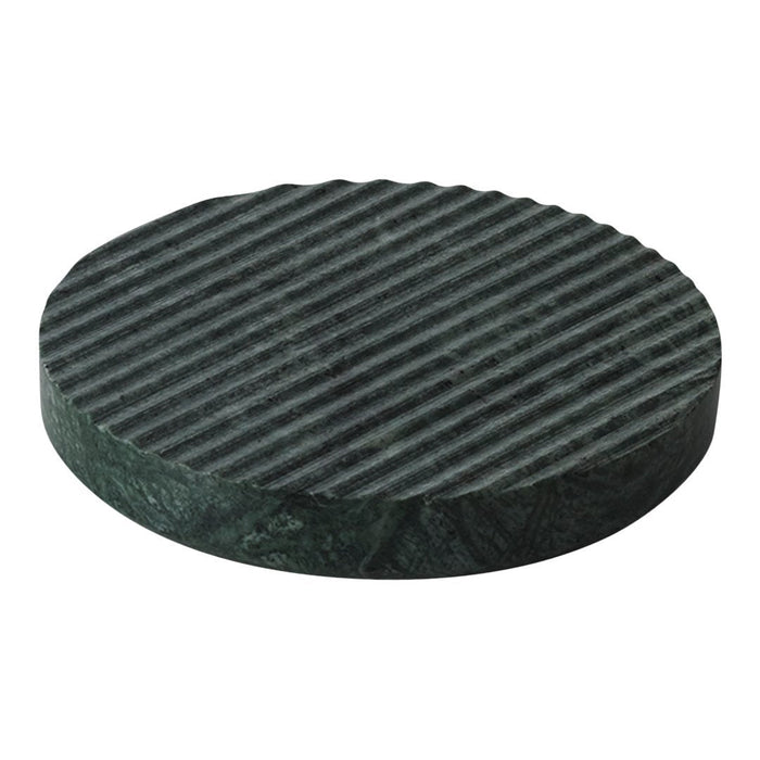 Round dark green stone with smooth edges and textured ribbed surface pattern. Perfect for modern decor or functional use.