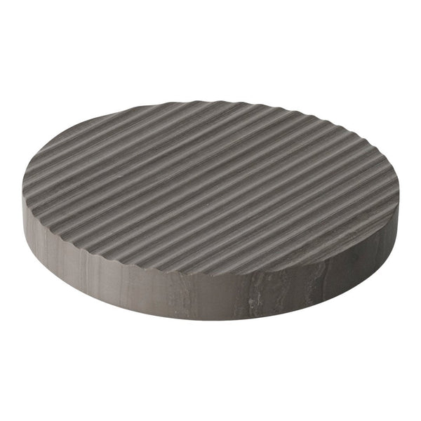 Gray round decorative piece with textured striped pattern, adding modern elegance to any decor.