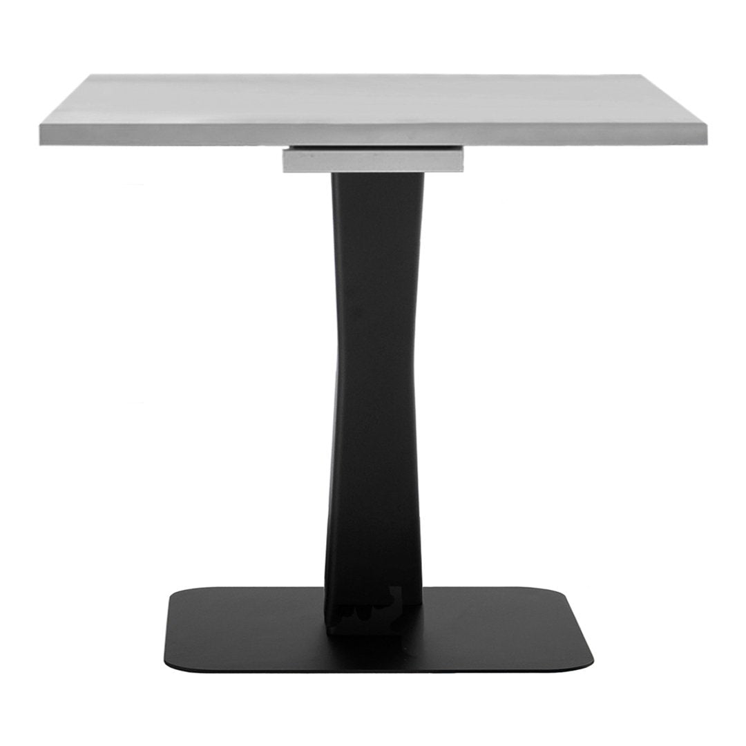 Modern square dining table with a sleek gray top and a stylish black pedestal base.