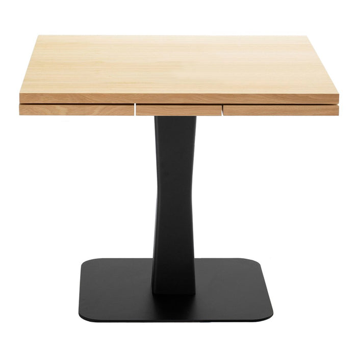 Natural wood grain tabletop with sleek black base, featuring a minimalist design and modern color combination.