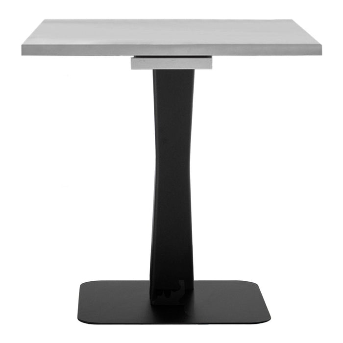 Modern gray square tabletop with a sleek black pedestal base, featuring a minimalist design.