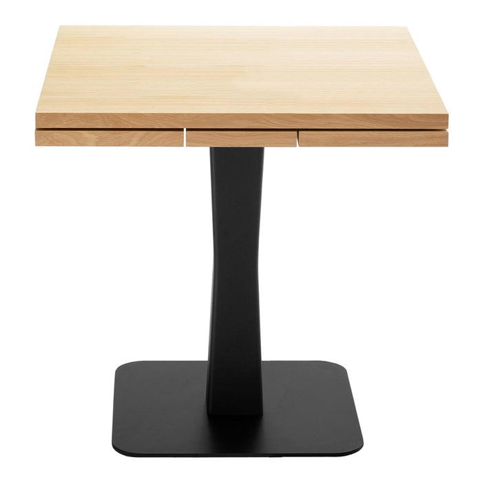 Natural wood tabletop in light maple finish with sleek black metal base for a modern touch.