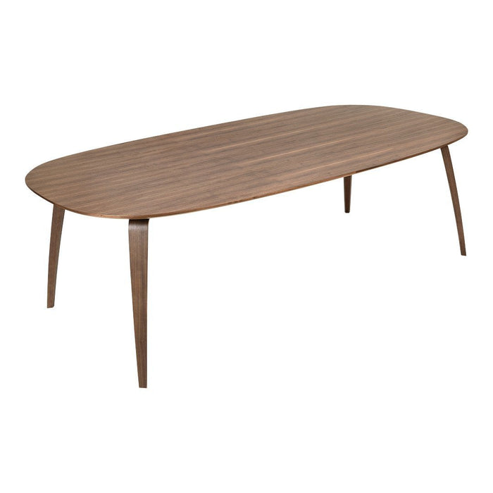 Modern oval walnut dining table with a smooth, rich brown finish and tapered legs. Perfect for contemporary spaces.