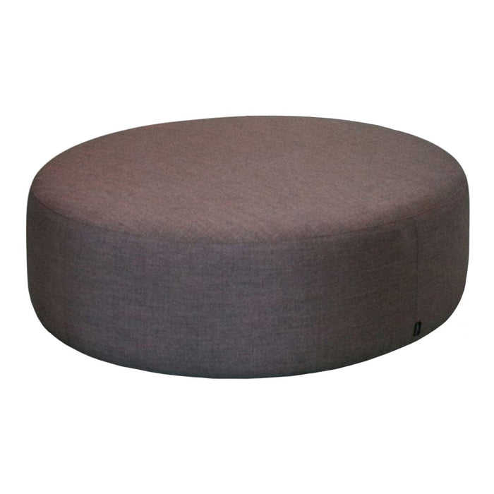 Round, gray upholstered pouf with a smooth texture and seamless design, ideal for modern decor.