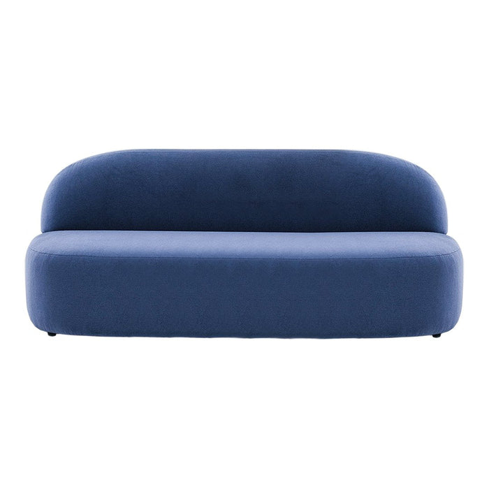 Modern blue sofa with a sleek, curved design and a soft, textured upholstery. Ideal for contemporary interiors.