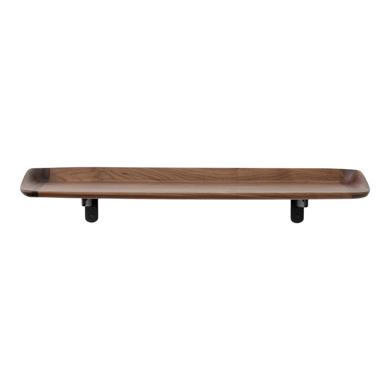 Wooden serving tray in rich brown tones, featuring smooth edges and contrasting black metal legs.