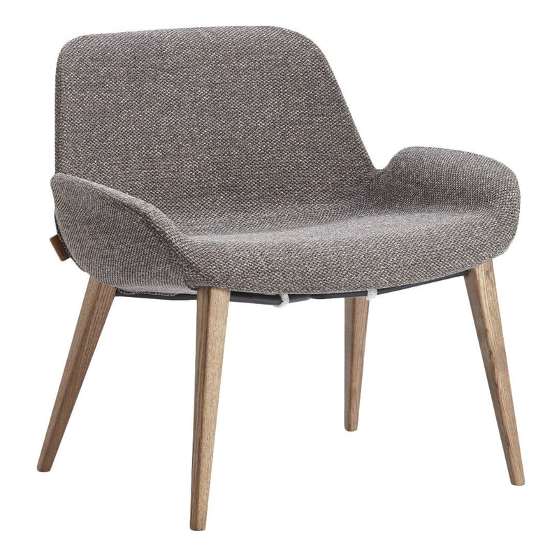 Gray upholstered chair with a textured fabric and natural wood legs. Modern design with a minimalist aesthetic.