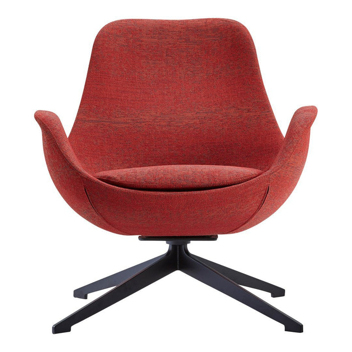 Mid-century modern chair in a vibrant rust red fabric with a sleek black base, showcasing a smooth silhouette.