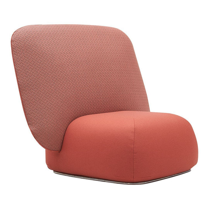 Coral pink chair with a textured fabric pattern, featuring a modern, minimalist design. Ideal for contemporary decor.