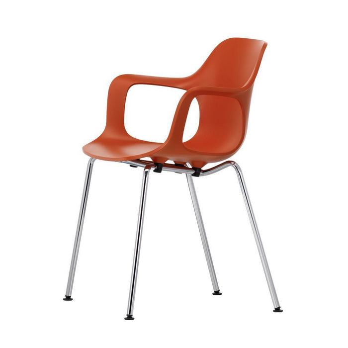 Vibrant orange chair with a sleek, modern design and chrome legs, perfect for stylish decor.