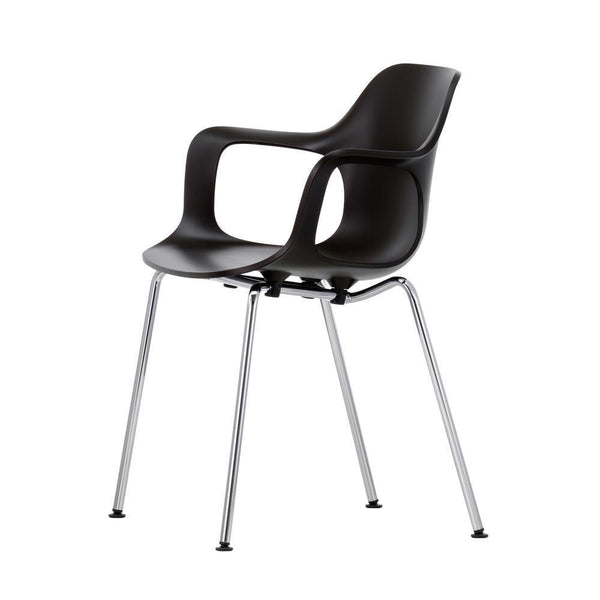 Black modern chair with smooth curves and chrome legs. Sleek and minimalist design for contemporary spaces.