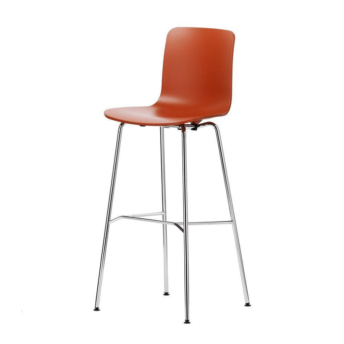 Orange plastic seat bar stool with sleek chrome legs, perfect for modern kitchen or dining decor.