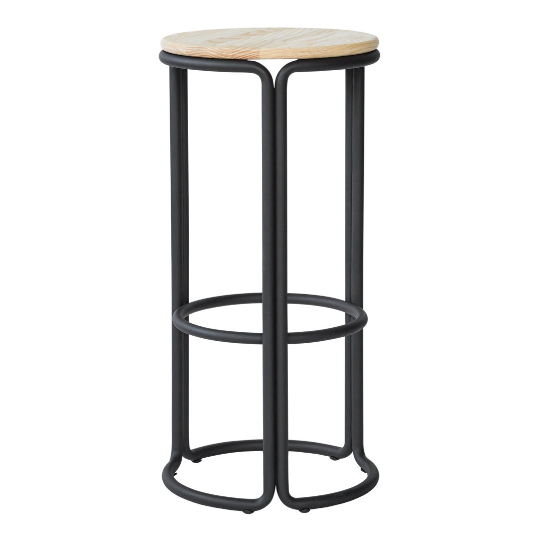 Black metal frame with a light wood seat, featuring a smooth finish and simple, modern design.