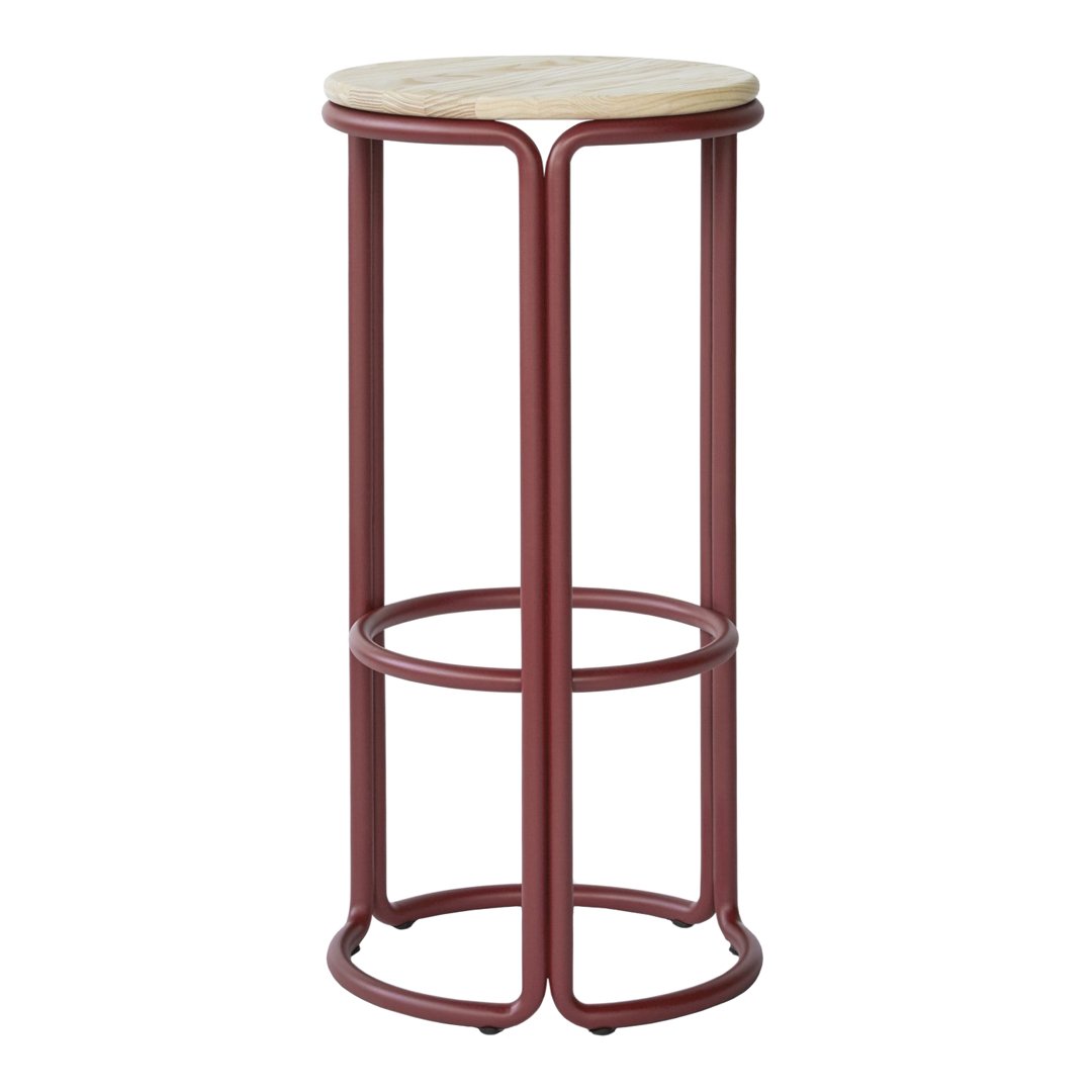 Rustic red metal bar stool with a natural wood seat, featuring a minimalist design and clean lines.