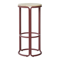 Rustic red metal bar stool with a natural wood seat, featuring a minimalist design and clean lines.