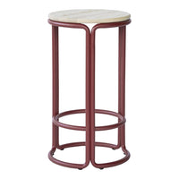 Marble-top bar stool with a sleek burgundy metal frame and smooth, circular design. Perfect for modern spaces.