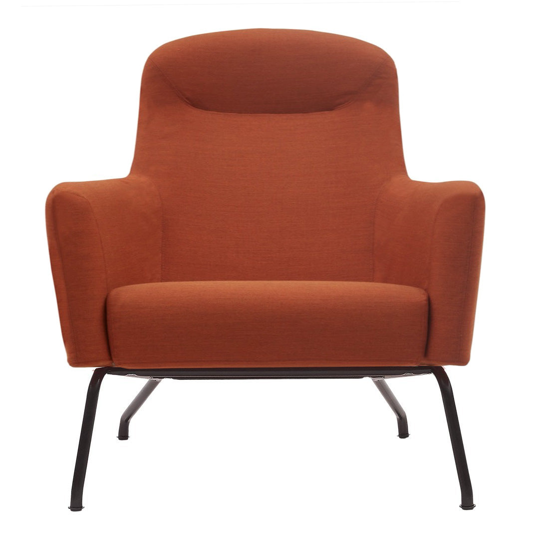 Rust orange armchair with a simple, textured fabric and sleek black metal legs, perfect for modern interiors.