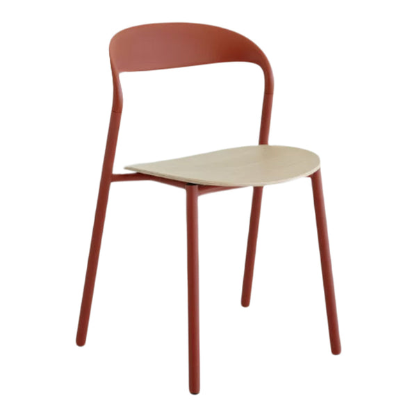Modern chair featuring a rust-colored frame and a natural wood seat, perfect for stylish additions to any space.