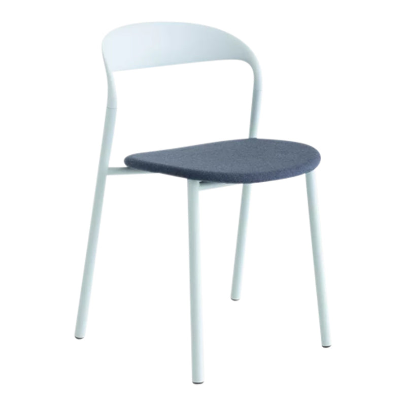 Light blue metal chair with a dark blue upholstered seat, featuring a sleek, minimalist design.