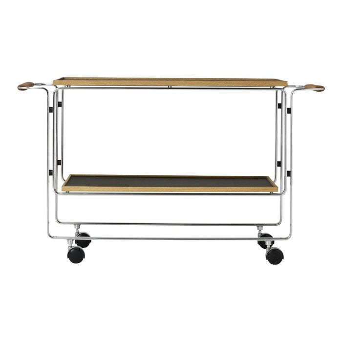 Wooden and black shelves with sleek chrome frame, featuring minimalistic design and rolling wheels. Perfect for modern decor.