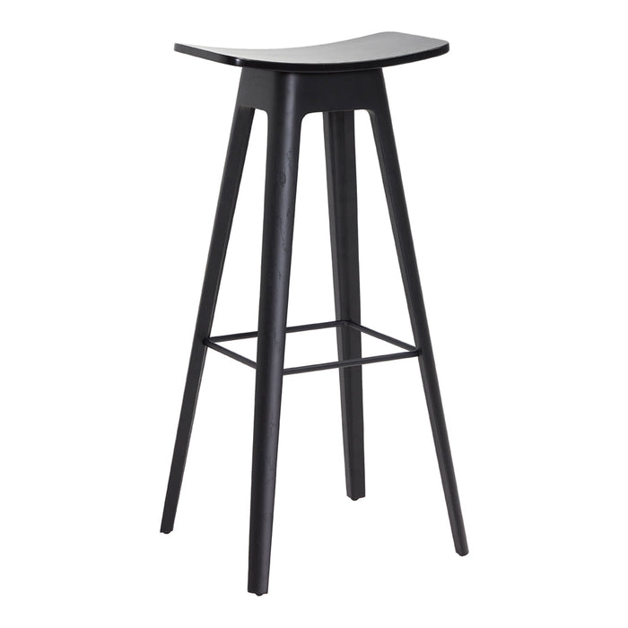 Sleek black bar stool with a minimalist design and smooth surface, featuring clean lines and an understated look.
