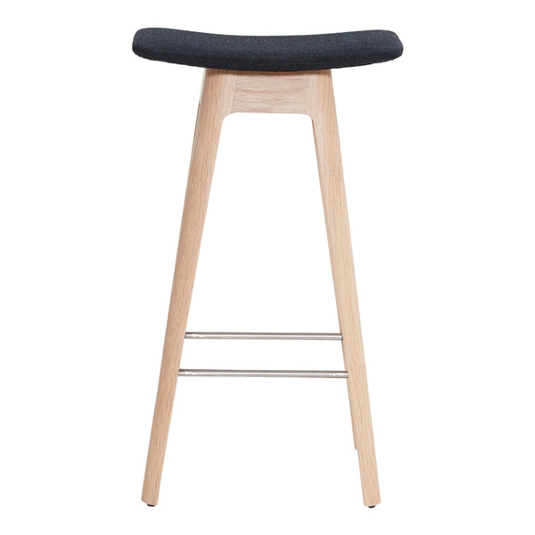 Modern bar stool featuring a sleek light wood finish and a dark grey upholstered seat. Simple, stylish design.